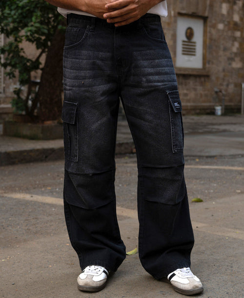 Black Washed Cargo Jeans 100% Cotton