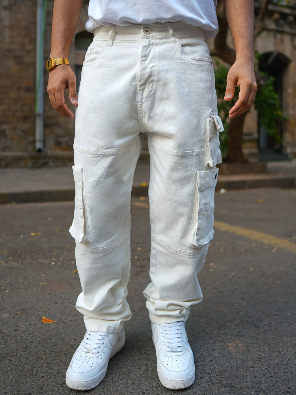 Off White Patch Pockets Denim Jeans 100% Cotton