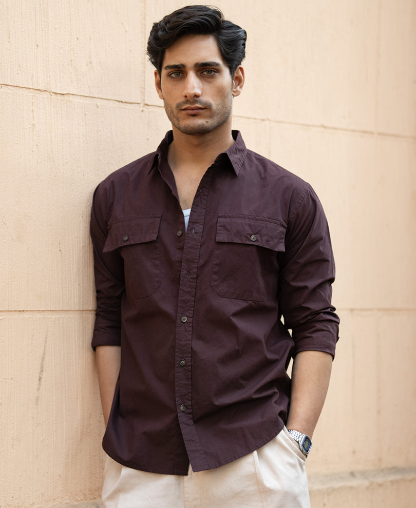 Wine Double Pocket Lightweight Shirt 100% Cotton