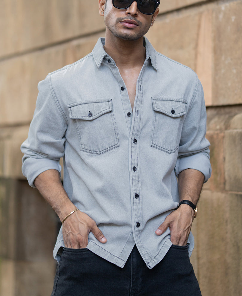 Grey Denim Shacket With Pockets 100% Cotton