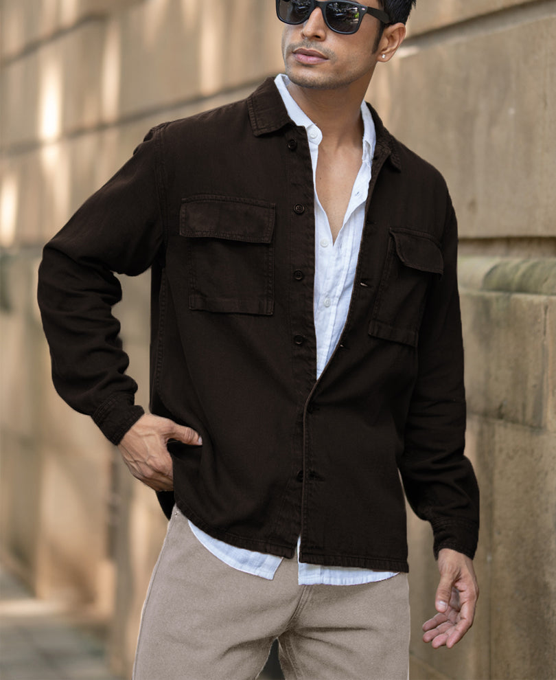 Dark Brown Double Pockets Denim Overshirt 100% Cotton