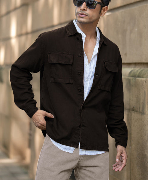 Dark Brown Double Pockets Denim Overshirt 100% Cotton