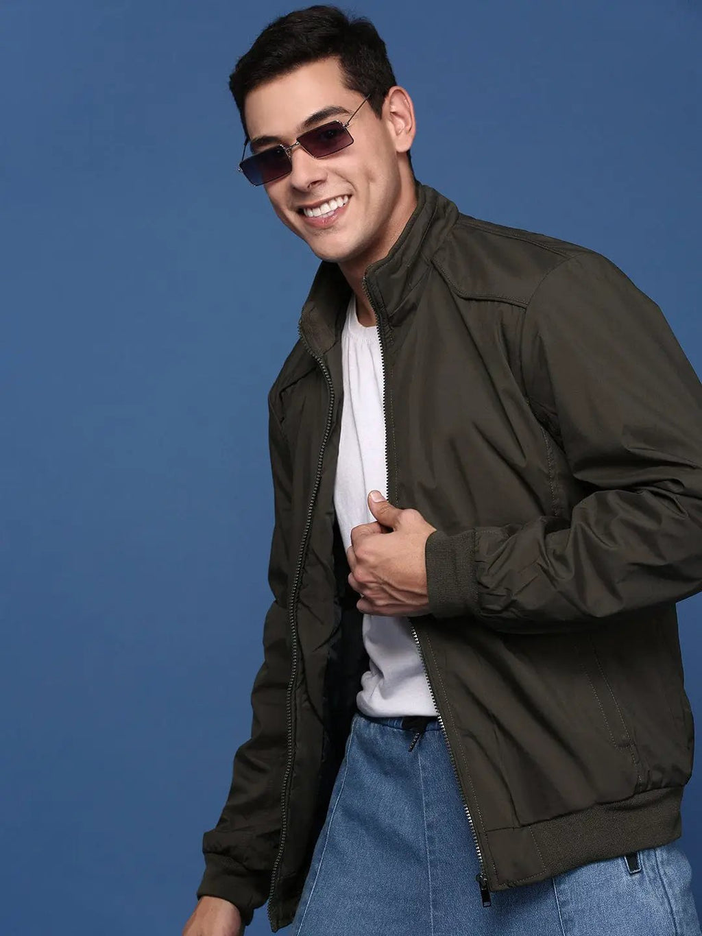 Men's Olive Mandarin Collar Solid Windcheater Longline Bomber Jacket