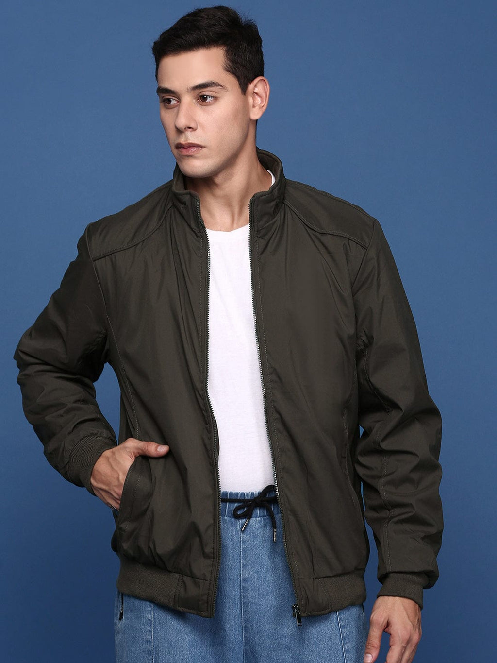 Men's Olive Mandarin Collar Solid Windcheater Longline Bomber Jacket