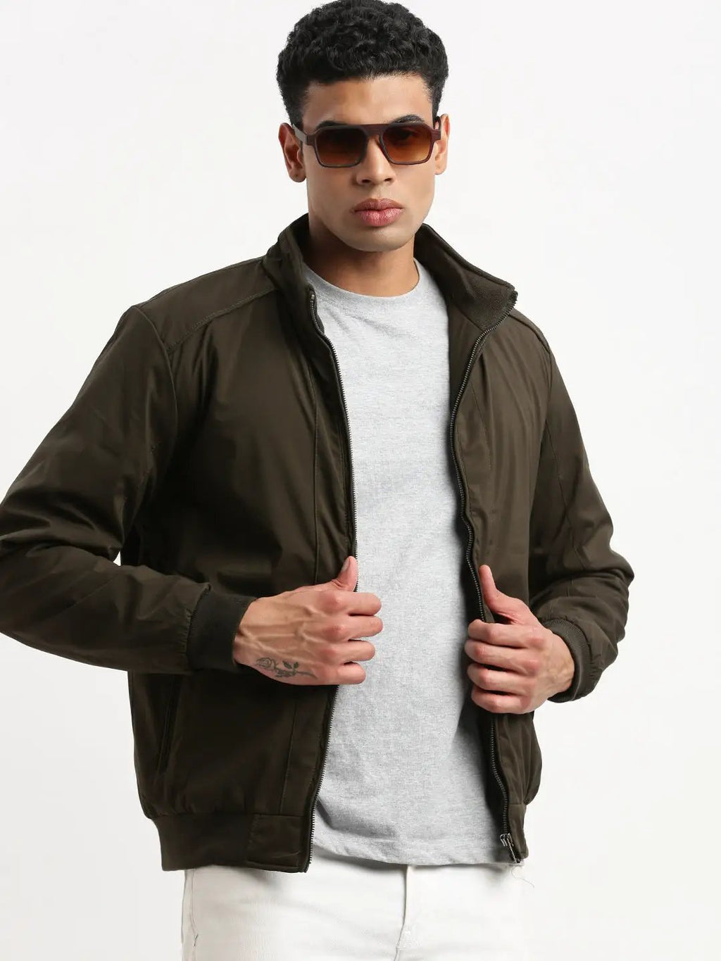 Men's Mock Collar Olive Bomber Jacket