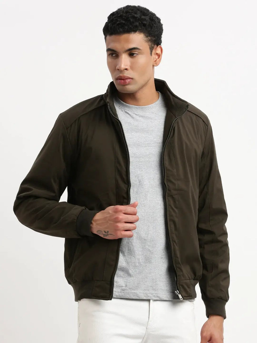 Men's Mock Collar Olive Bomber Jacket