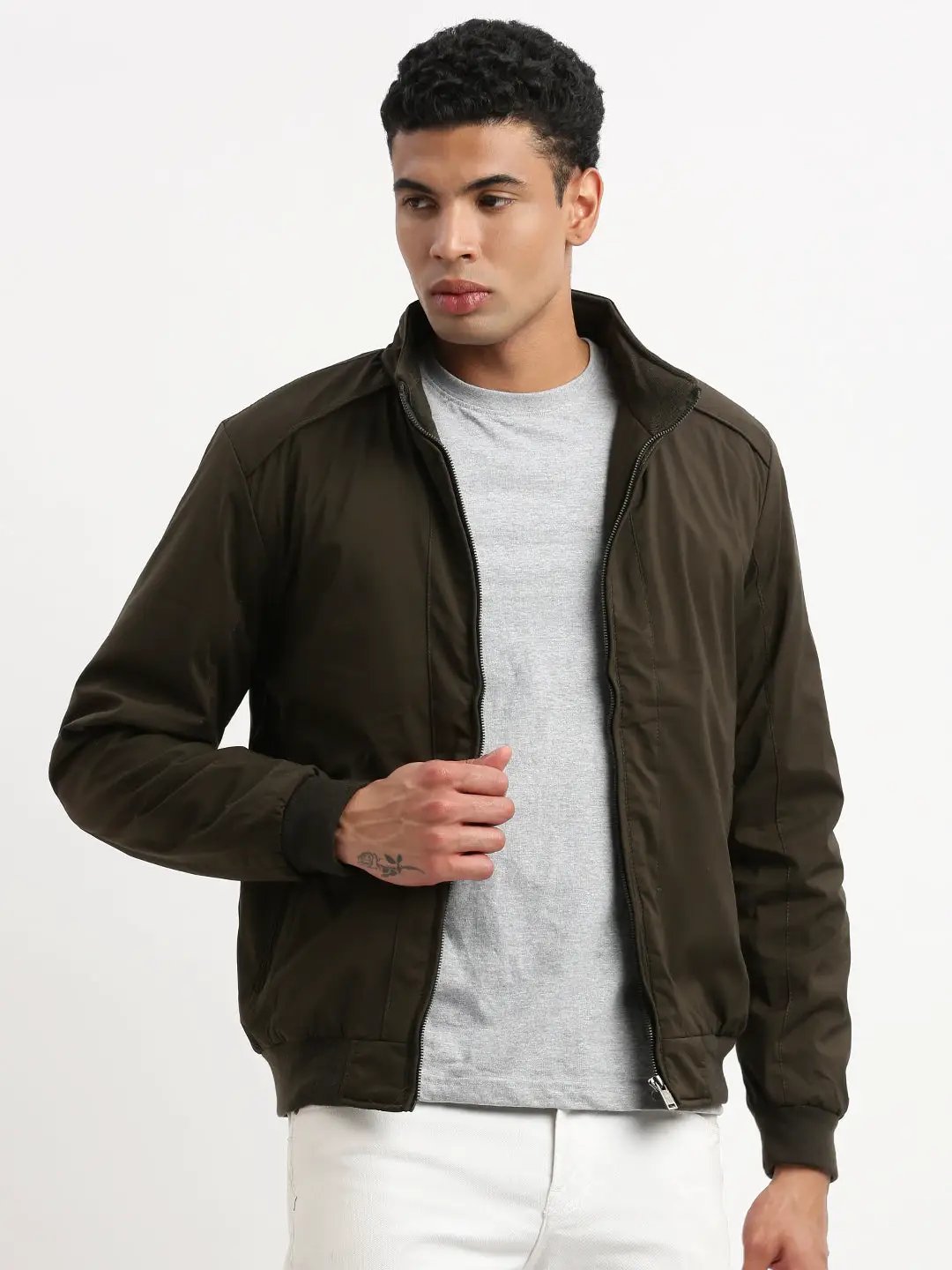Men's Mock Collar Olive Bomber Jacket