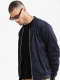 Men's Mandarin Collar Navy Blue Solid Bomber Jacket