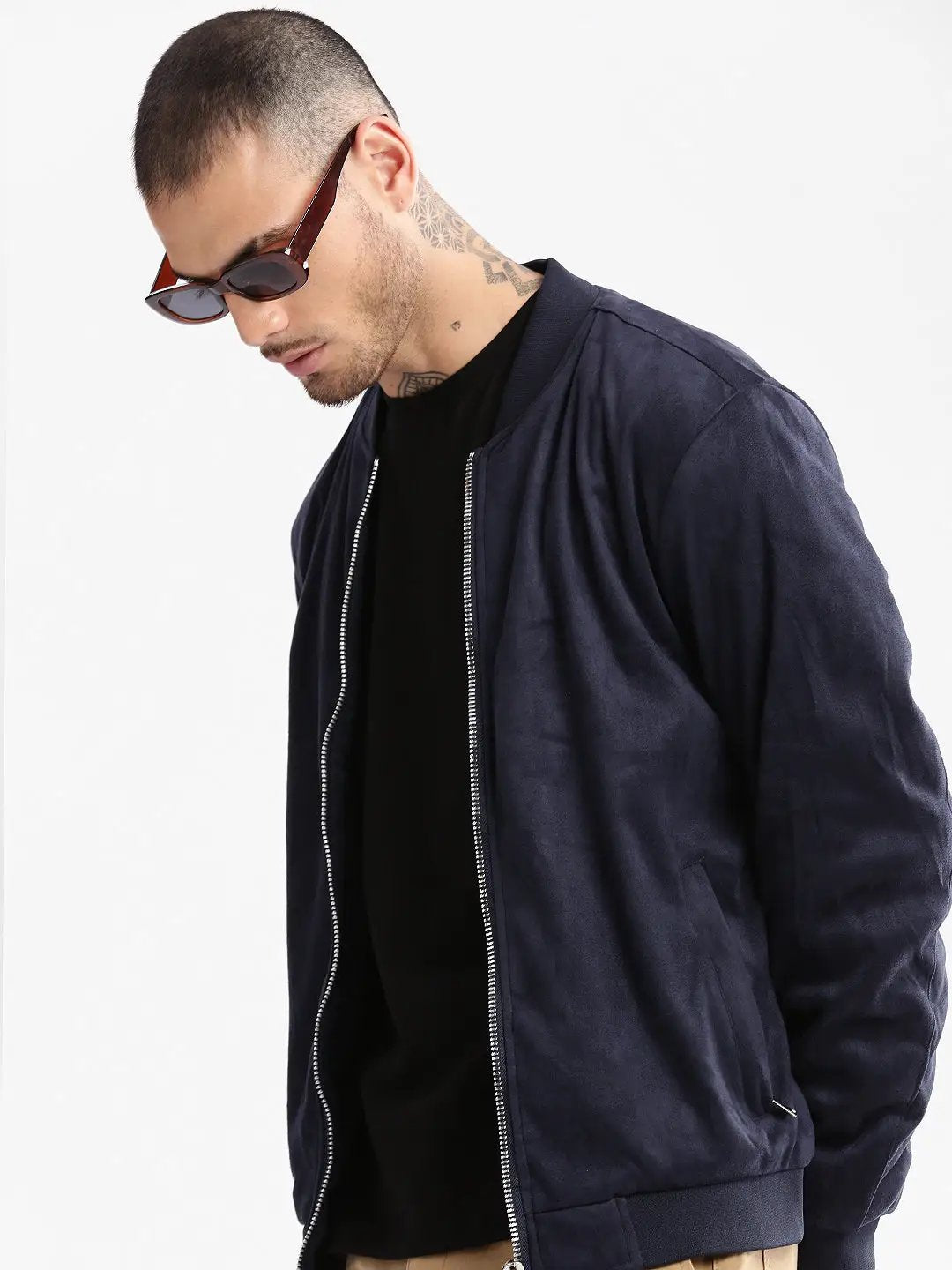 Men's Mandarin Collar Navy Blue Solid Bomber Jacket