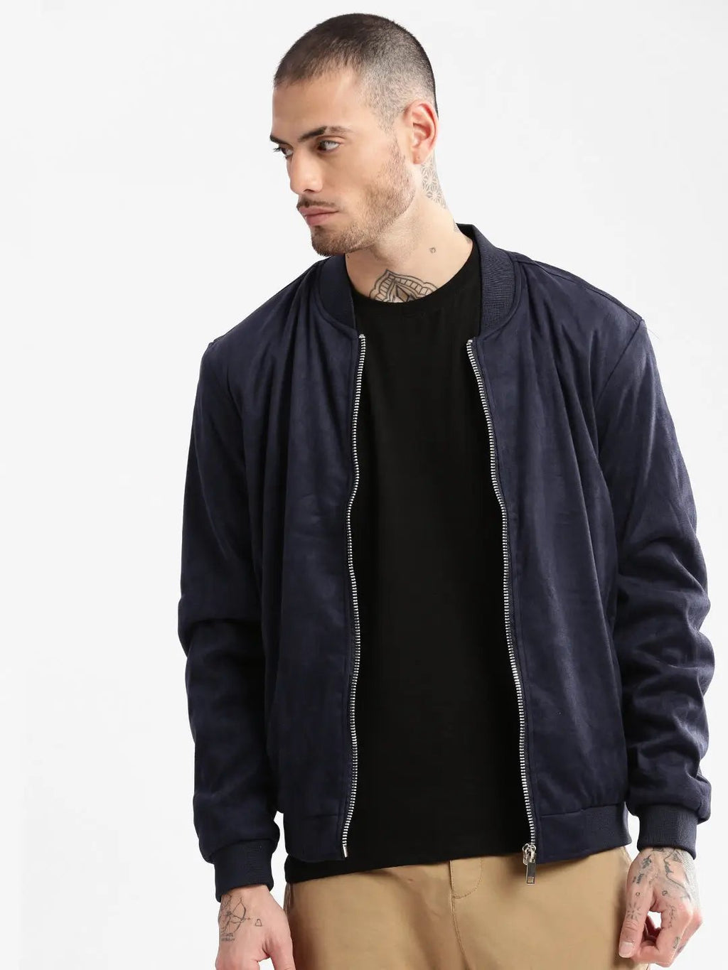 Men's Mandarin Collar Navy Blue Solid Bomber Jacket