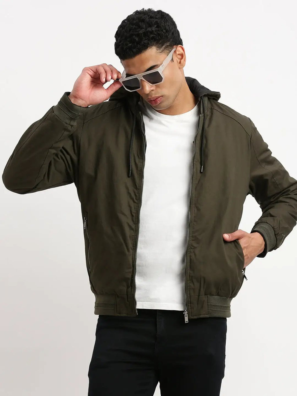 Men's Mandarin Collar Green Solid Reversible Bomber Jacket comes with Detachable Hoodie