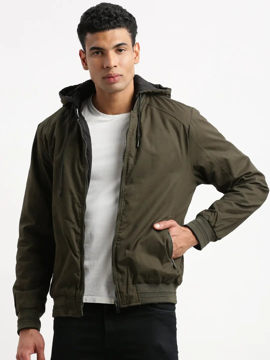 Men's Mandarin Collar Green Solid Reversible Bomber Jacket comes with Detachable Hoodie