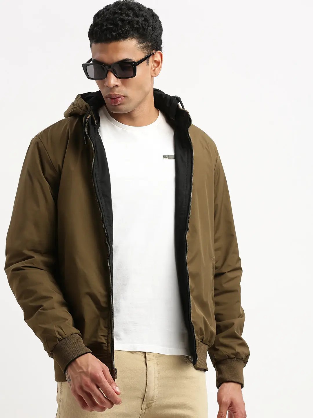 Men's Mock Collar Black Solid Reversible Bomber Jacket comes with Detachable Hoodie
