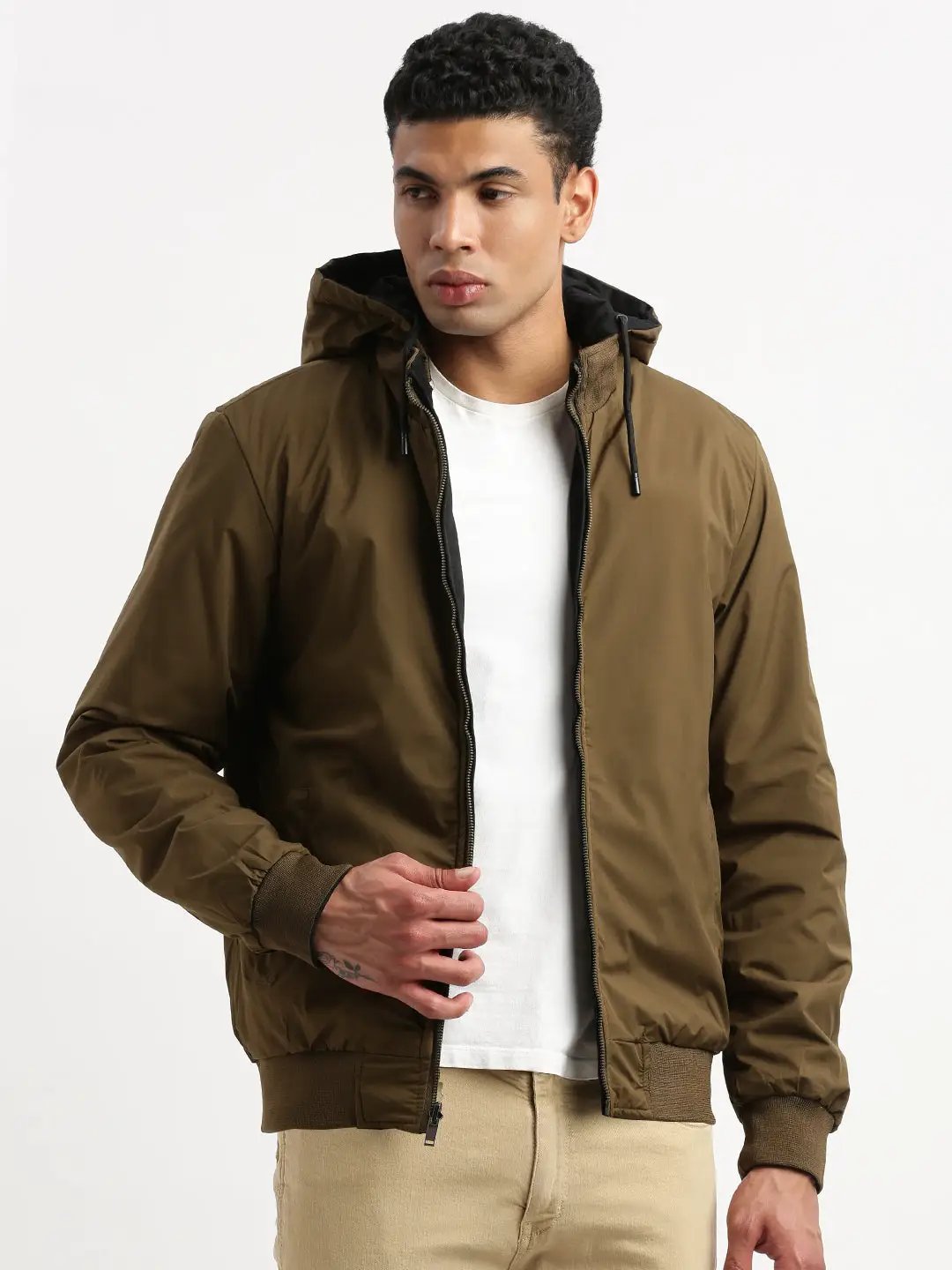 Men's Mock Collar Black Solid Reversible Bomber Jacket comes with Detachable Hoodie