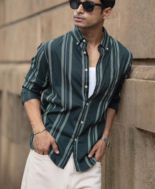 Dark Green Stripped Button Down Shirt 100% Cotton