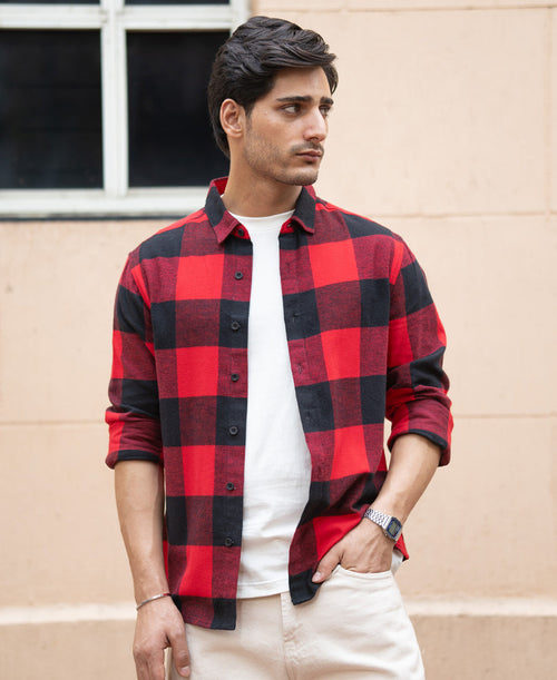 Bright Red Flannel Checks Shirt 100% Cotton