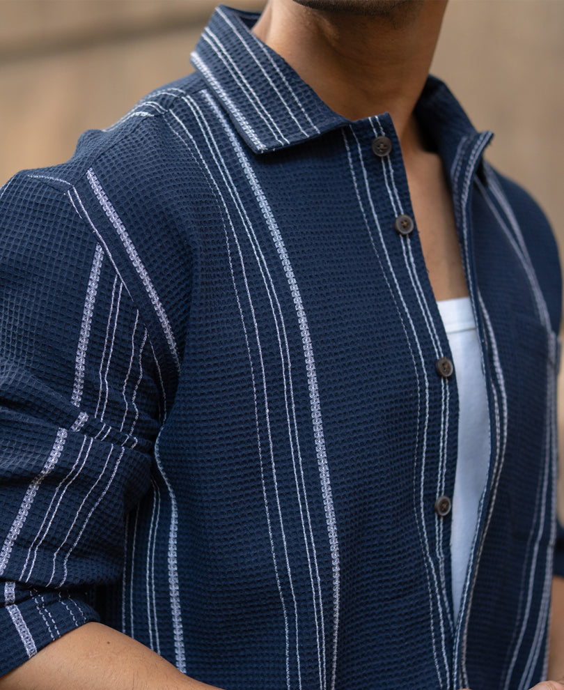 Navy Structured Striped Shirt 100% Cotton