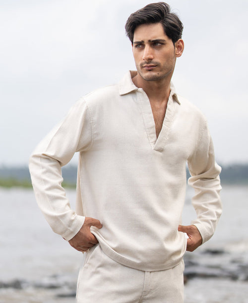 Cream Structured Cotton Kurta Shirt