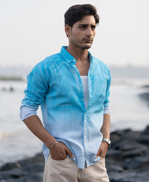 Blue Sprayed Stripe Shirt 100% Cotton