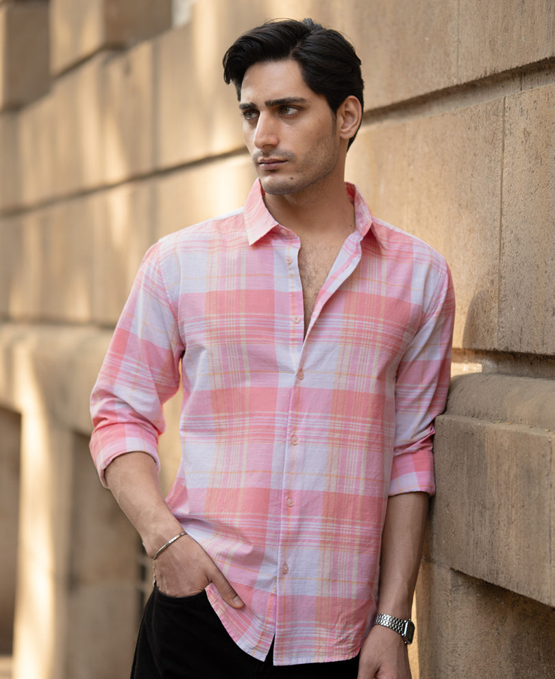Peach Lightweight Summer Checks Shirt 100% Cotton