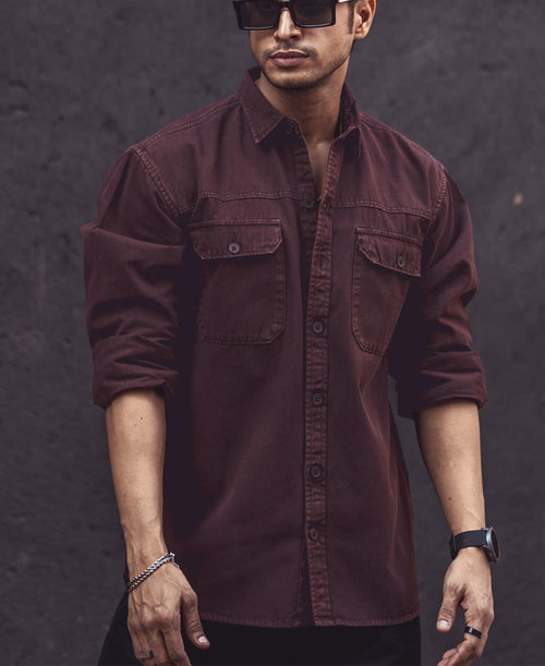 Dark Brown Denim Shacket Full Sleeves Shirt 100% Cotton