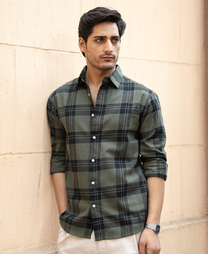 Olive Structured Checks Shirt 100% Cotton