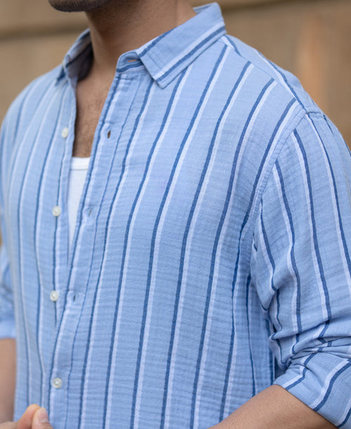 Blue Double Cloth Striped Shirt 100% Cotton