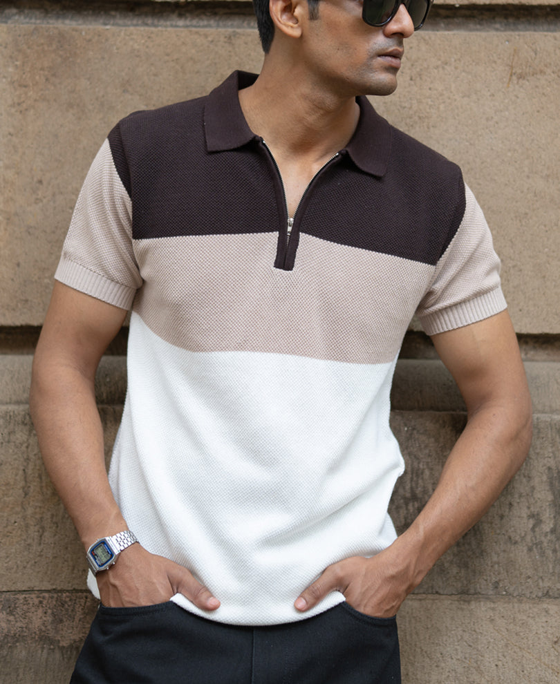 Beige & Brown Knit Stripe T-Shirt 100% Cotton