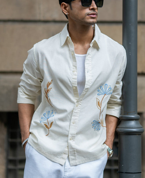 Cream Embroidered Lightweight Shirt 100% Cotton