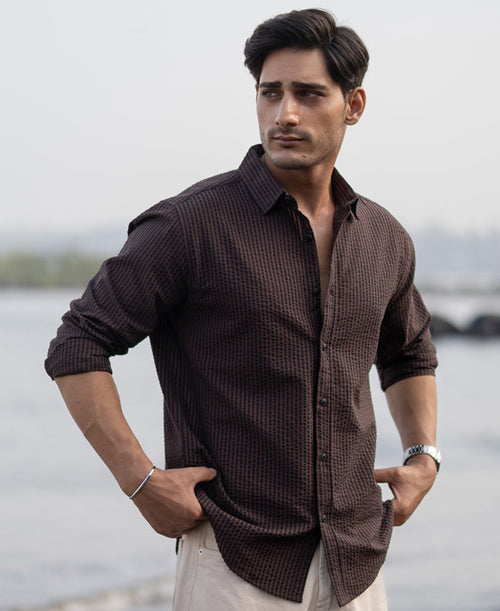 Brown Seer Sucker Stripe Shirt 100% Cotton