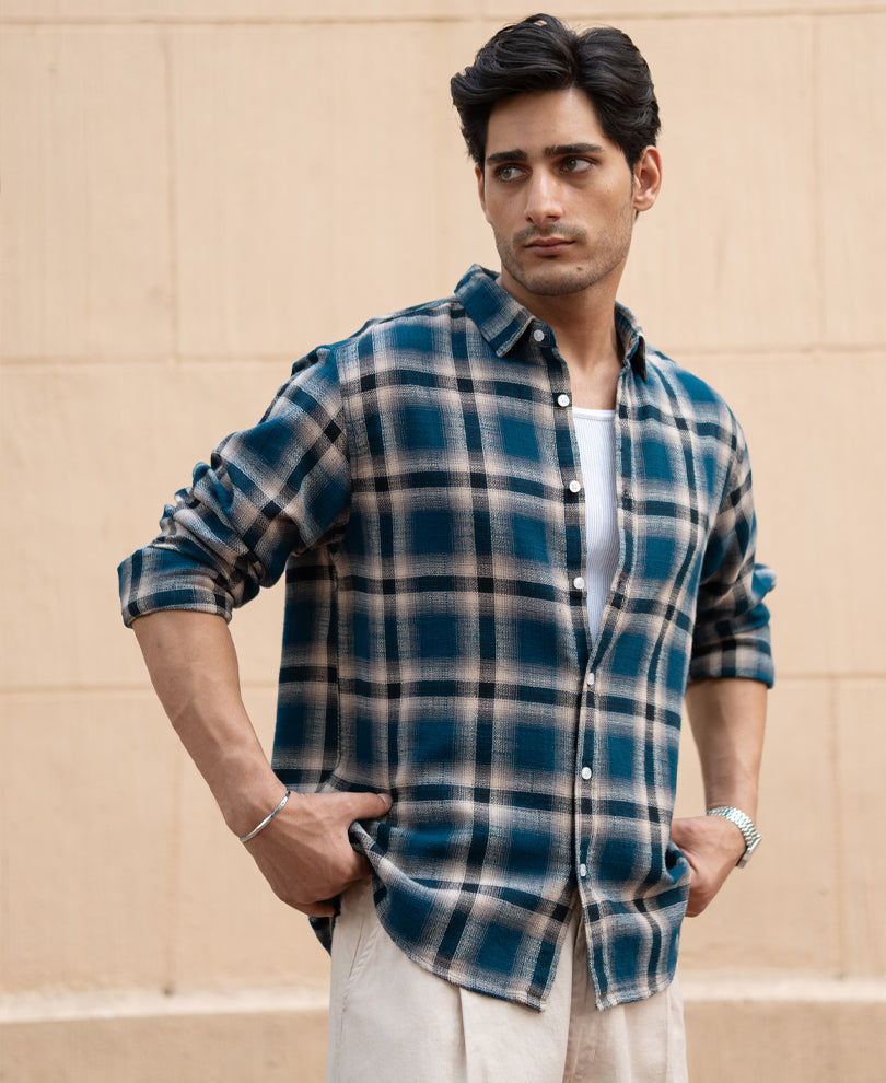Teal Structured Checks Shirt 100% Cotton