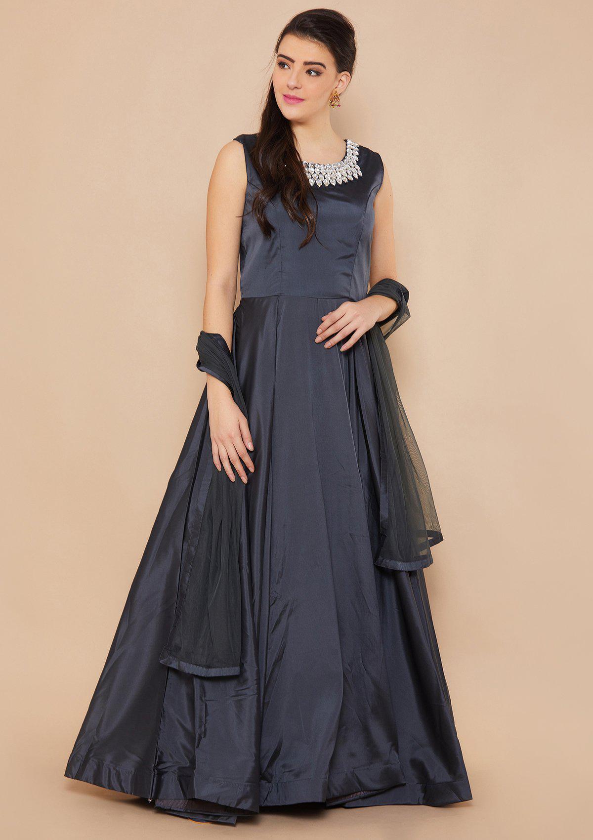 Grey Stonework Taffeta Silk Designer Gown