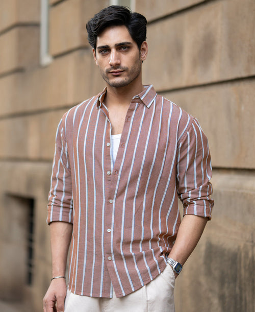 Brown Structured Striped Shirt 100% Cotton