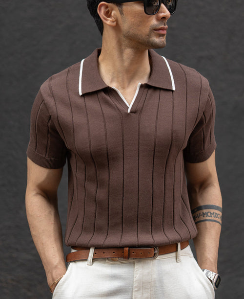 Brown Structured Knit Polo T-Shirt 100% Cotton