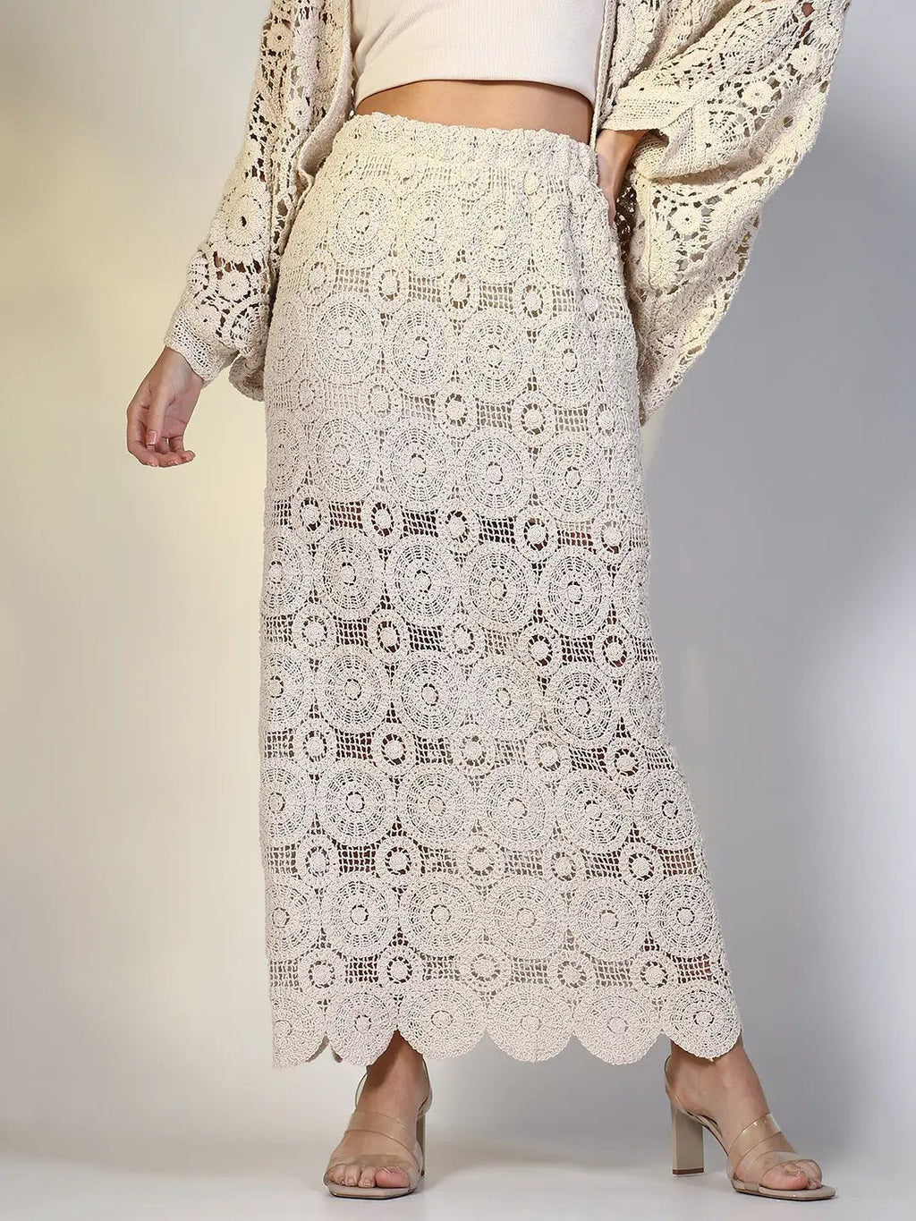Women's Crochet Cream Maxi Skirt with Mesh Detail