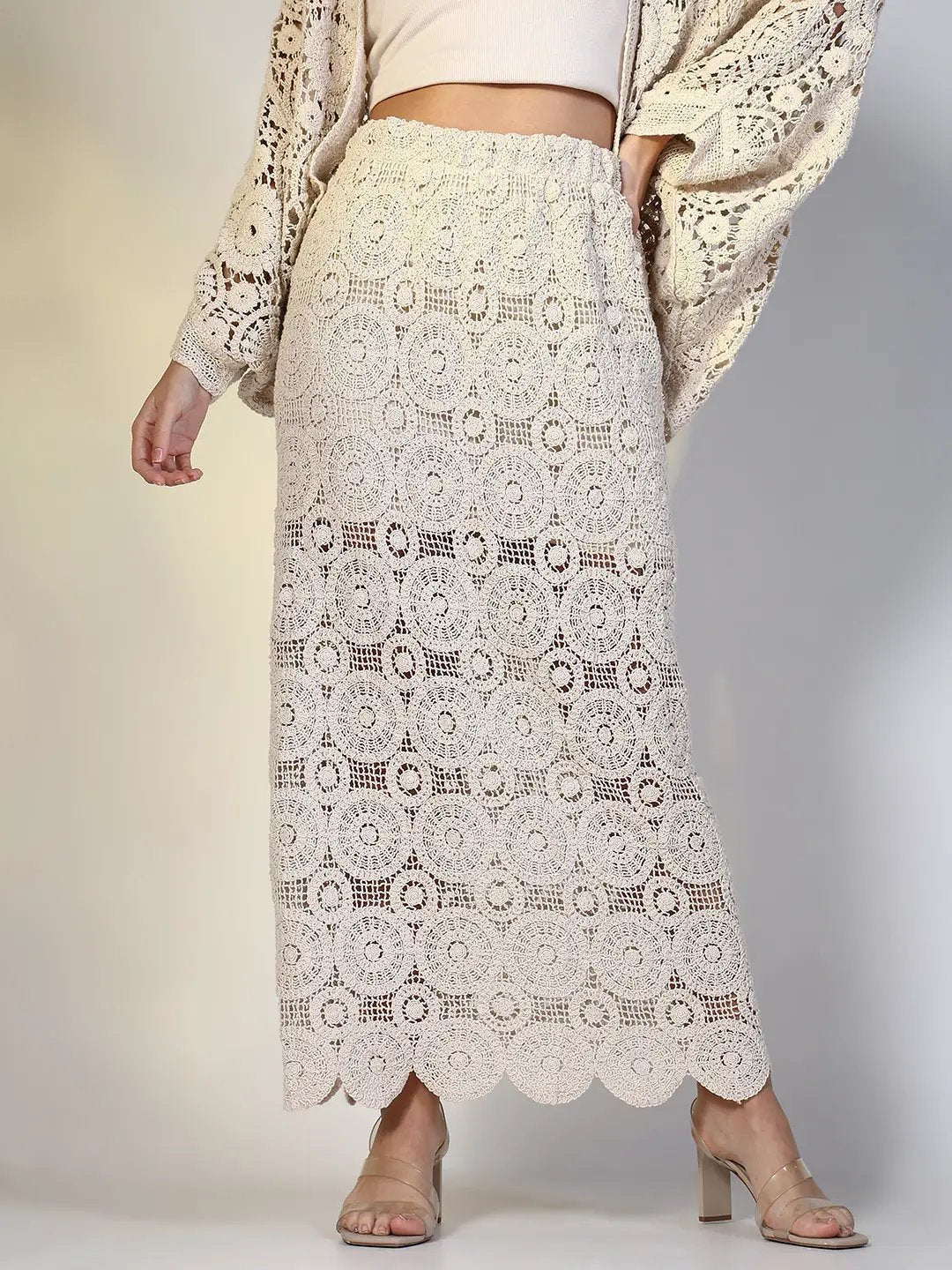 Women's Crochet Cream Maxi Skirt with Mesh Detail