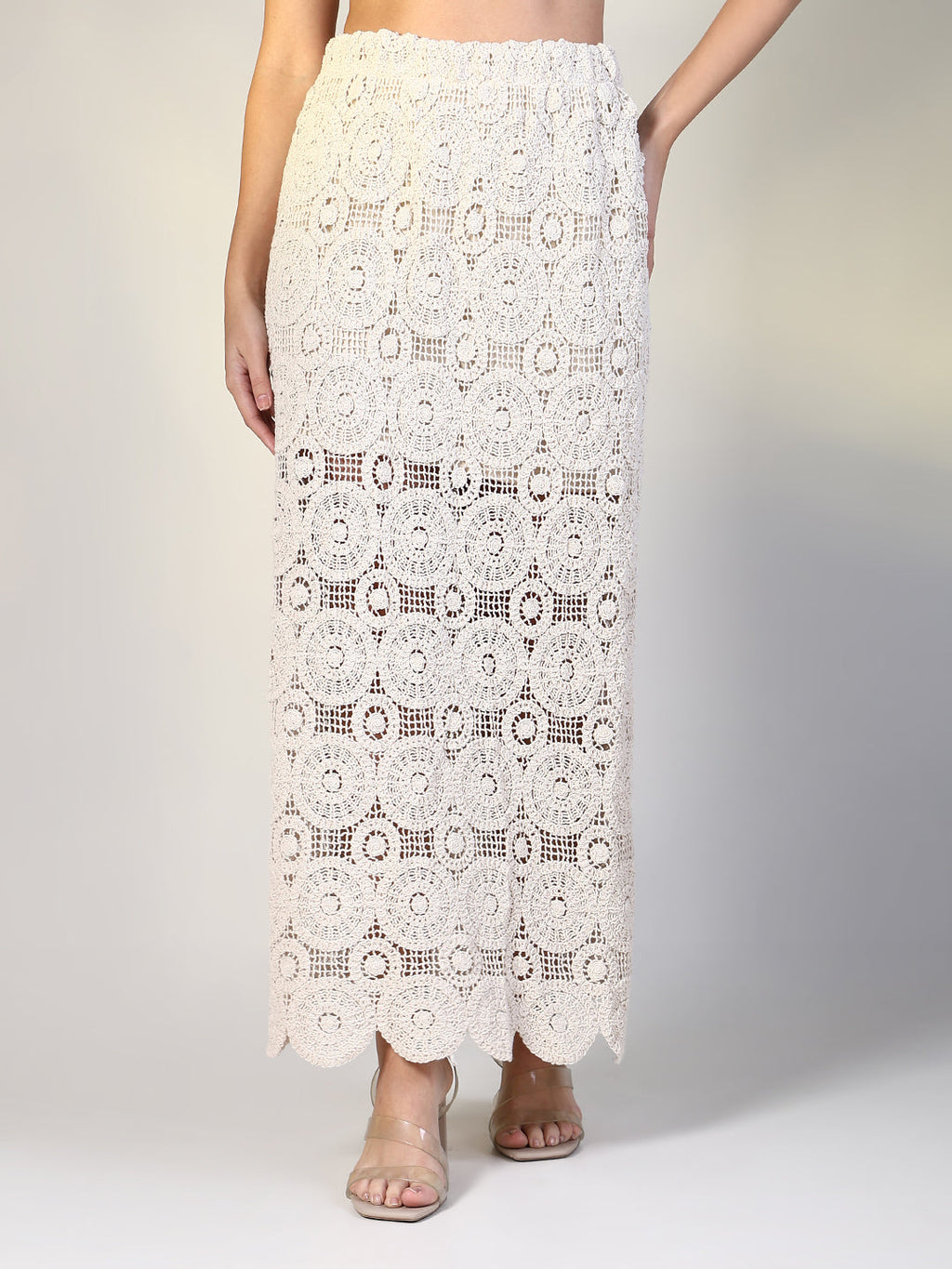 Women's Crochet Cream Maxi Skirt with Mesh Detail