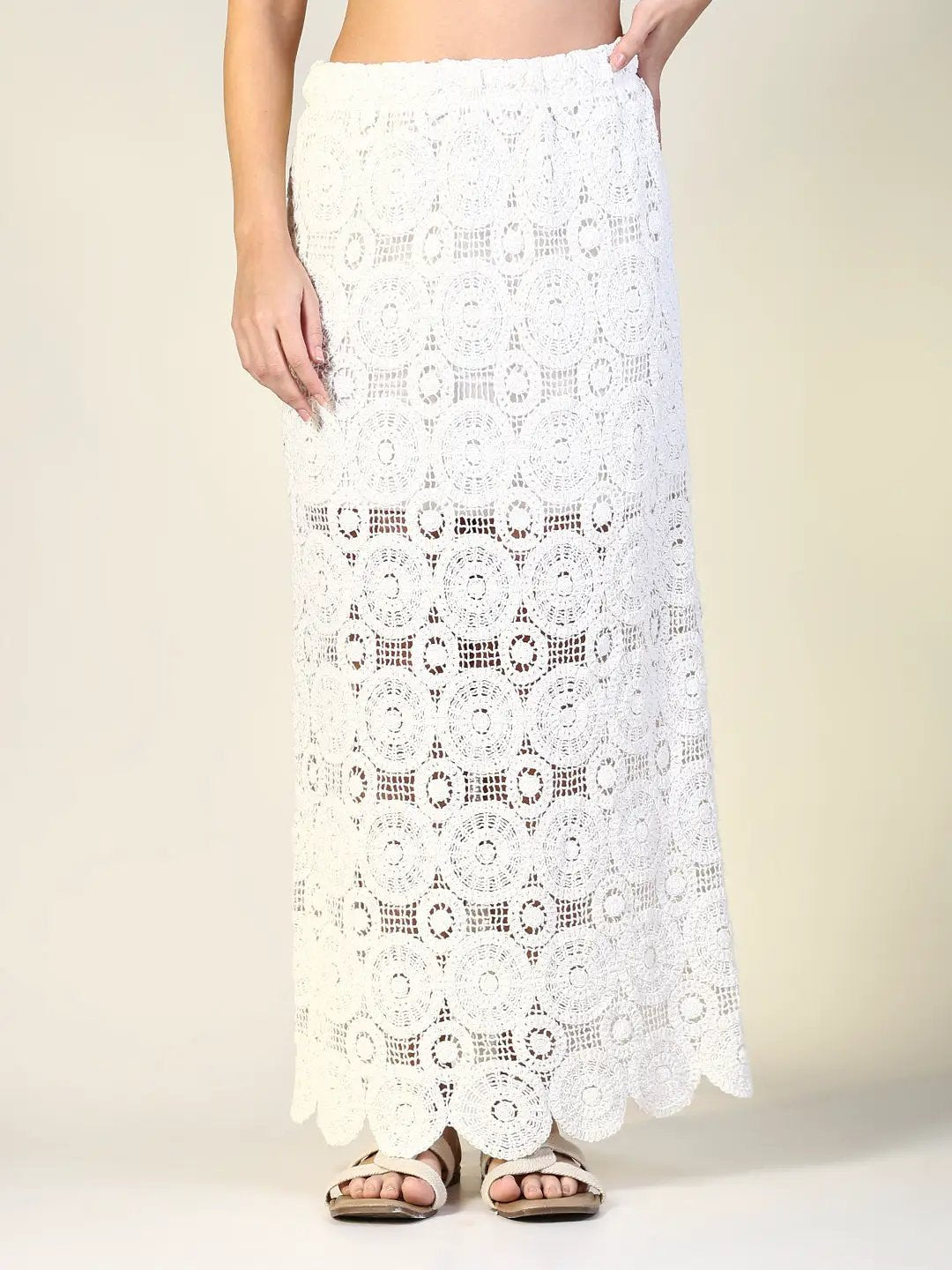 Women's Crochet Off White Maxi Skirt with Mesh Detail