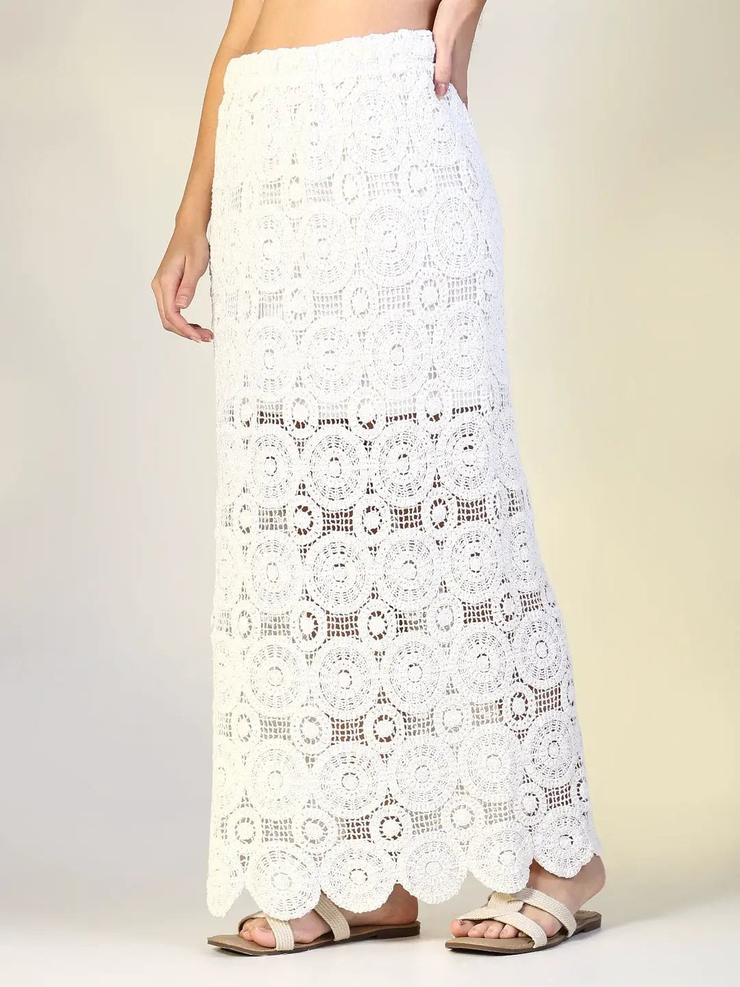 Women's Crochet Off White Maxi Skirt with Mesh Detail