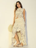 Women's Embroidered Cream Crochet Skirt Co-Ords Set