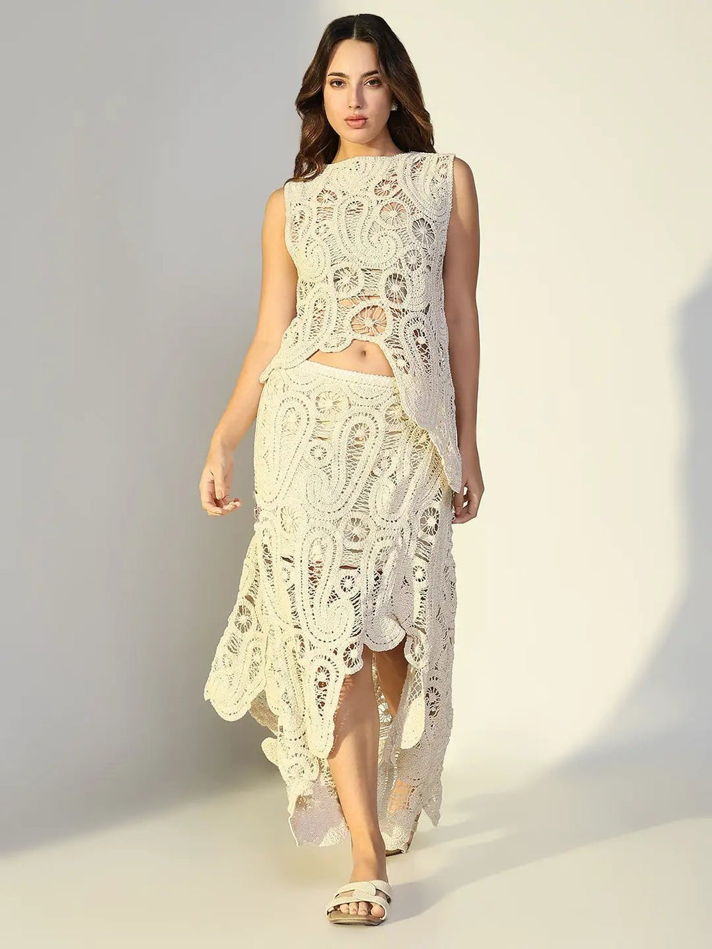 Women's Embroidered Cream Crochet Skirt Co-Ords Set