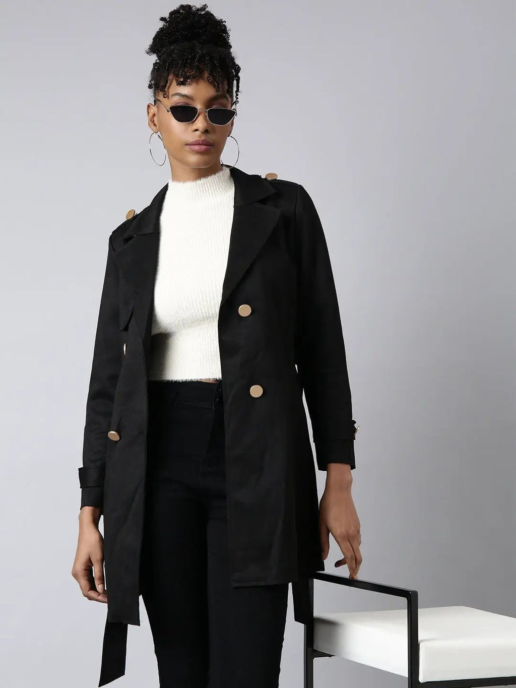 Women's Solid Longline Black Trench Coat