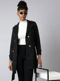 Women's Solid Longline Black Trench Coat