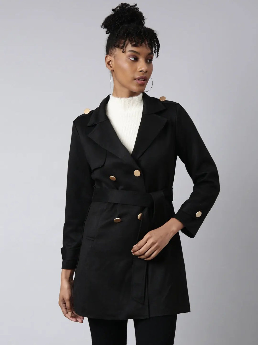Women's Solid Longline Black Trench Coat