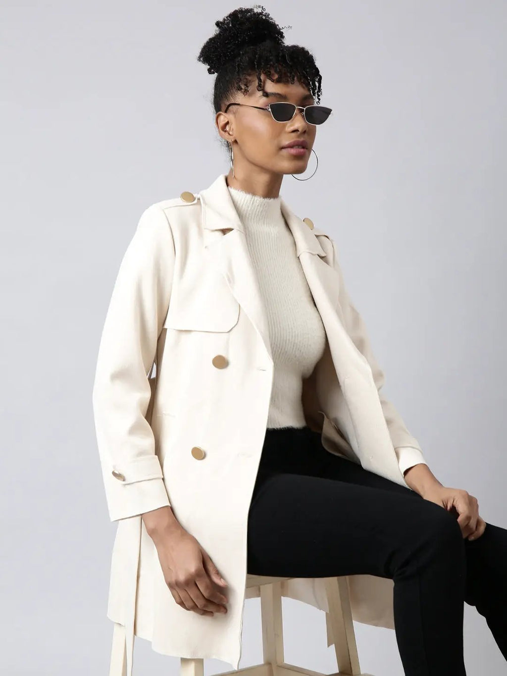 Women's Solid Longline Cream Trench Coat