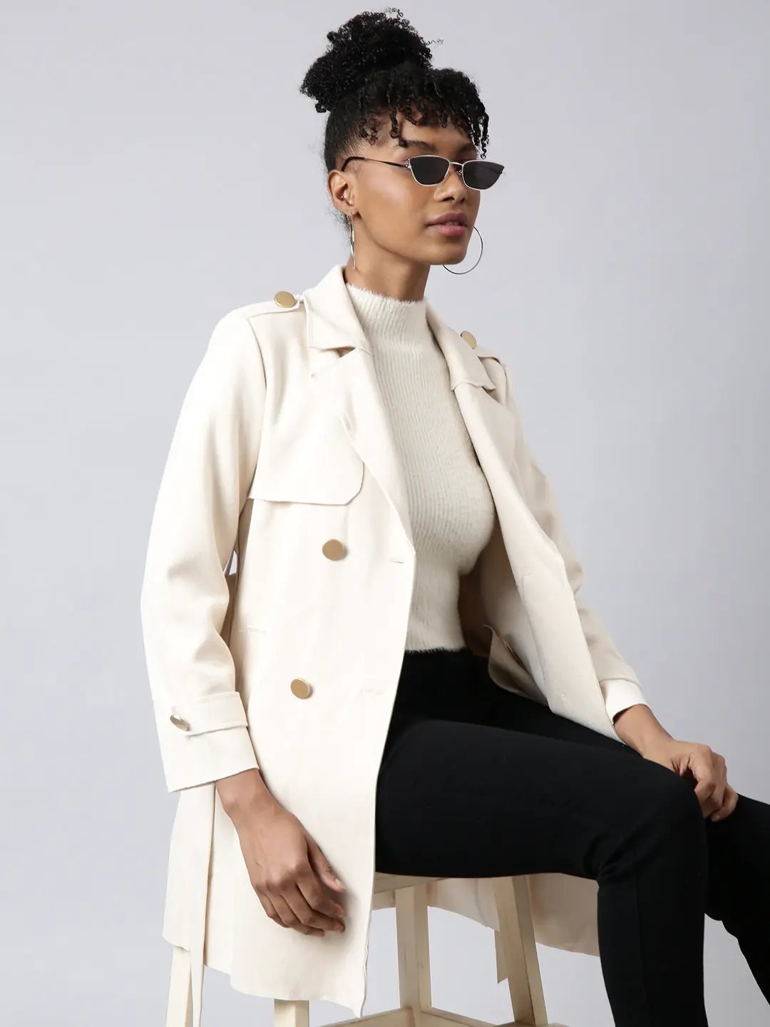 Women's Solid Longline Cream Trench Coat