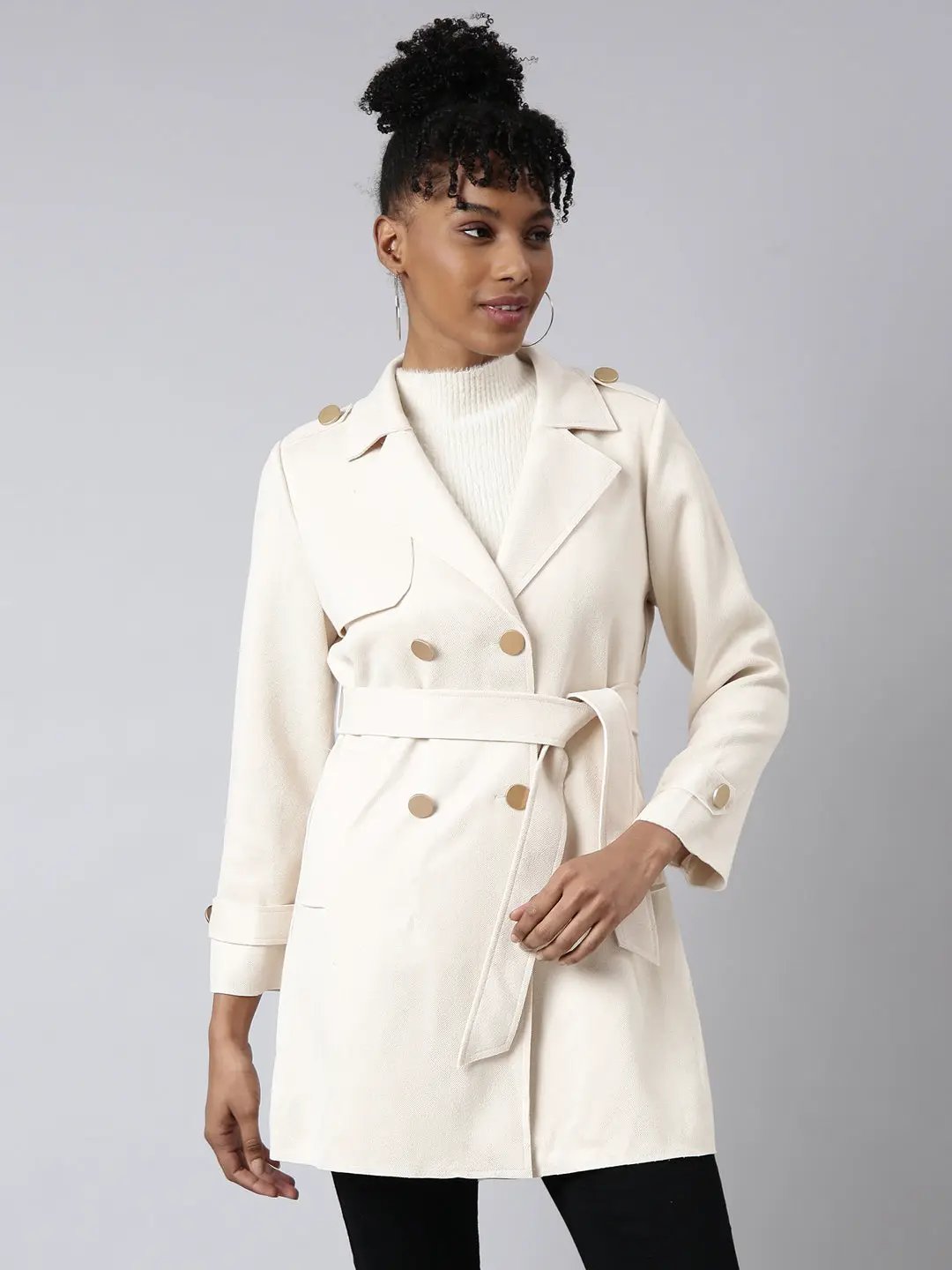 Women's Solid Longline Cream Trench Coat