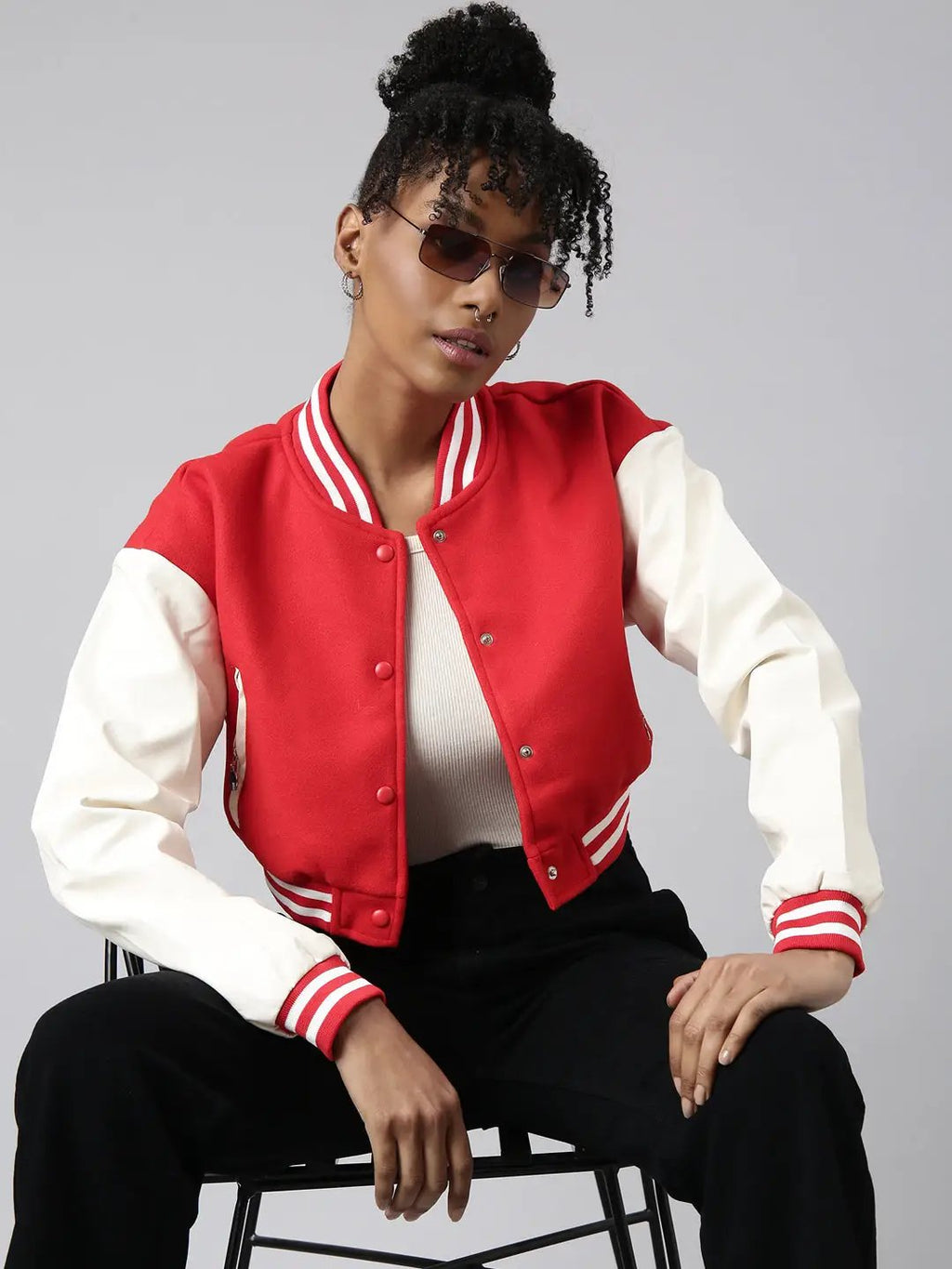 Women's Red Colour blocked Crop Oversized Varsity Jacket