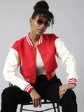 Women's Red Colour blocked Crop Oversized Varsity Jacket