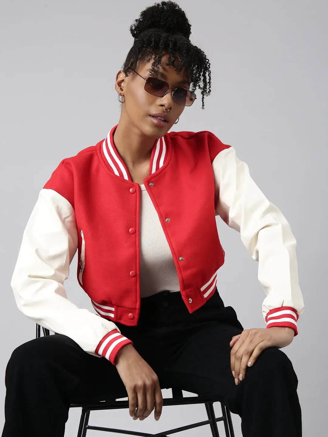 Women's Red Colour blocked Crop Oversized Varsity Jacket
